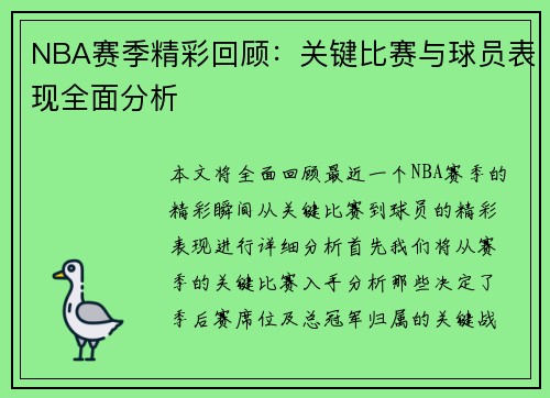 NBA赛季精彩回顾：关键比赛与球员表现全面分析